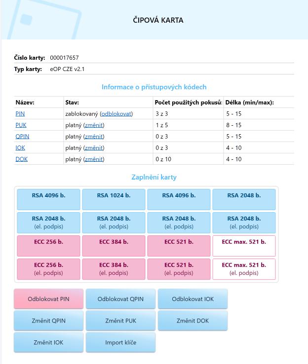 Obrázek 12: Panel s informacemi o čipové kartě (občanském průkazu) 6.1.1 Informace o přístupových kódech Pod základní informací o čipu jsou zobrazeny informace o stavu přístupových kódů občanského průkazu.