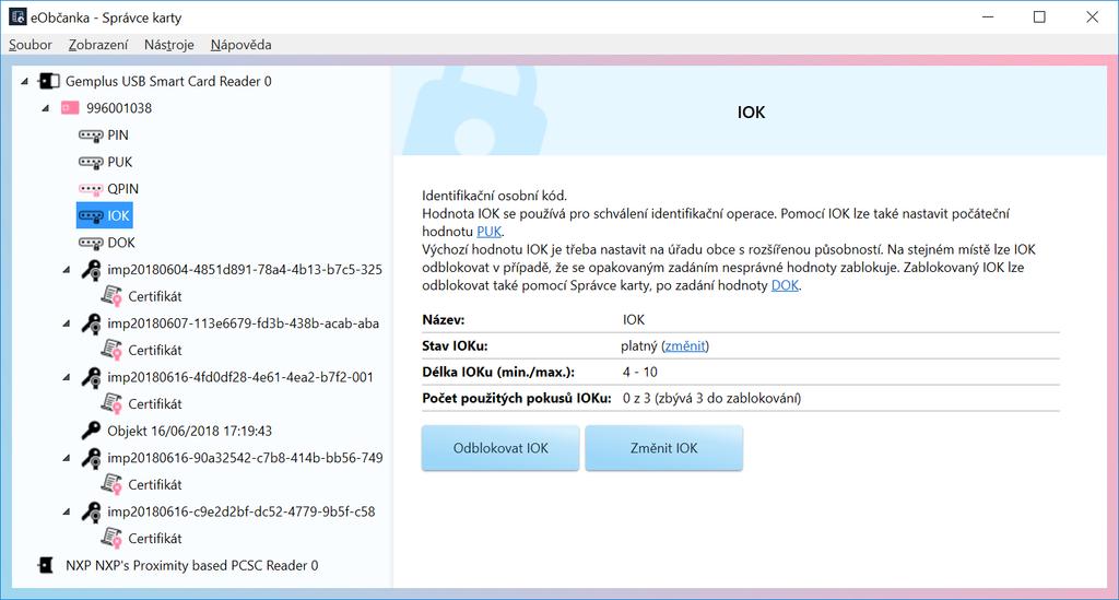 Obrázek 16: Okno s informacemi o přístupovém kódu (IOK) Informace se pro jednotlivé přístupové kódy liší a odrážejí aktuální stav daného kódu.