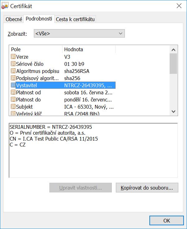 Obrázek 23: Okno operačního systému s informacemi o certifikátu - po