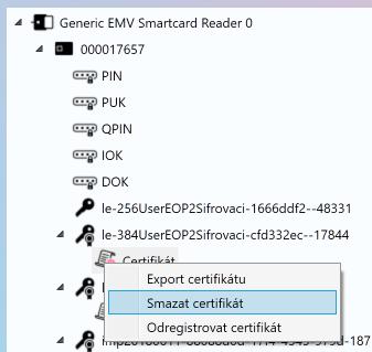7.3.2 Smazání certifikátu Pokud uživatel označí certifikát, uložený v čipu, umožní mu aplikace eobčanka Správce karty zvolený certifikát smazat.