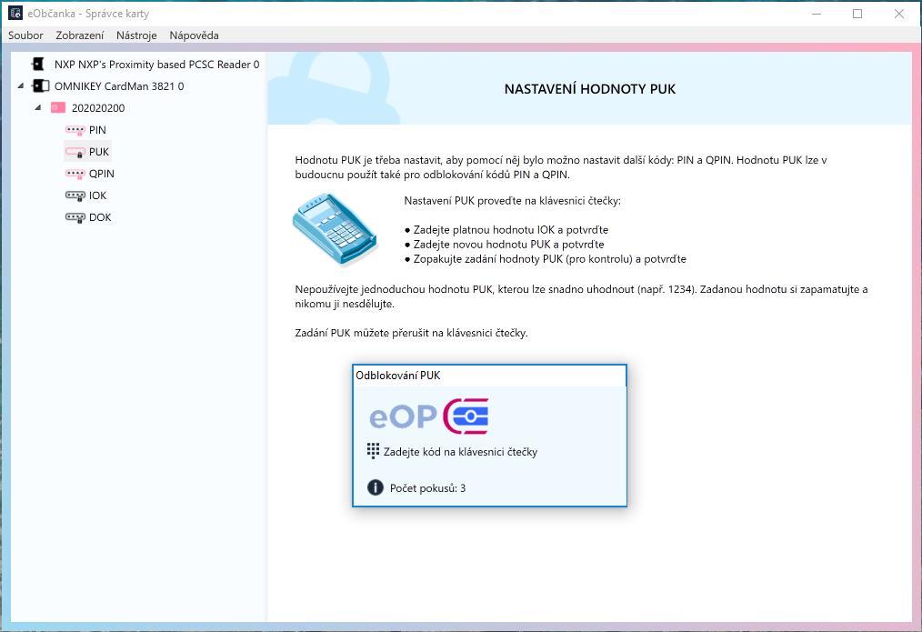 Po stisku tlačítka aplikace eobčanka Správce karty ověří hodnotu IOK a nastaví novou hodnotu PUK v čipu občanského průkazu. Po dokončení operace se zobrazí informace o úspěšné změně přístupového kódu.