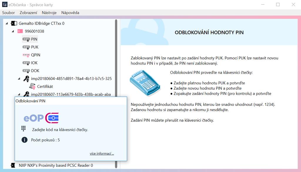 Obrázek 57: Okno pro odblokování přístupového kódu na čtečce s displejem Upozornění: Instrukce na displeji čtečky mohou být nesprávné!