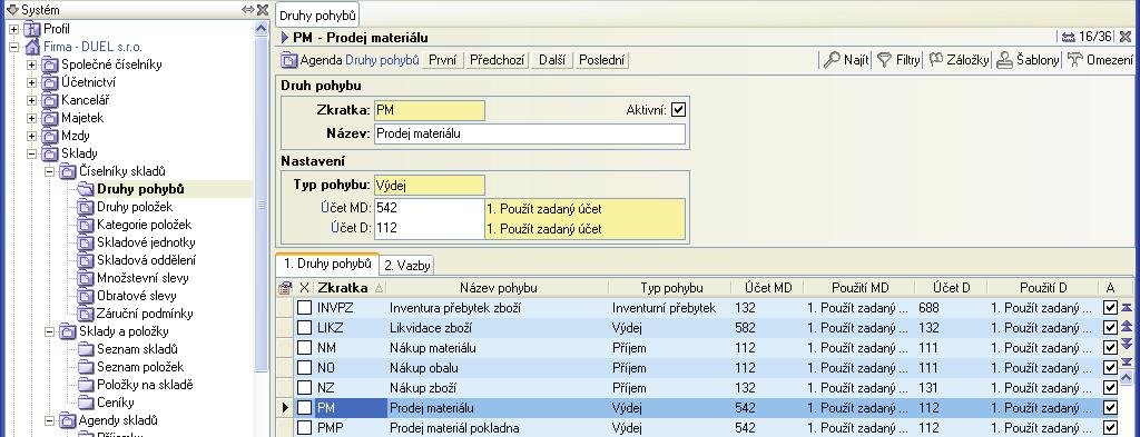 2 S K L A D Y Èíselníky skladù Druhy pohybù Úèel Èíselník slouží k urèení pohybù skladových položek, podle nichž probíhá jejich generování a v pøípadì úètování skladu metodou A je využito také