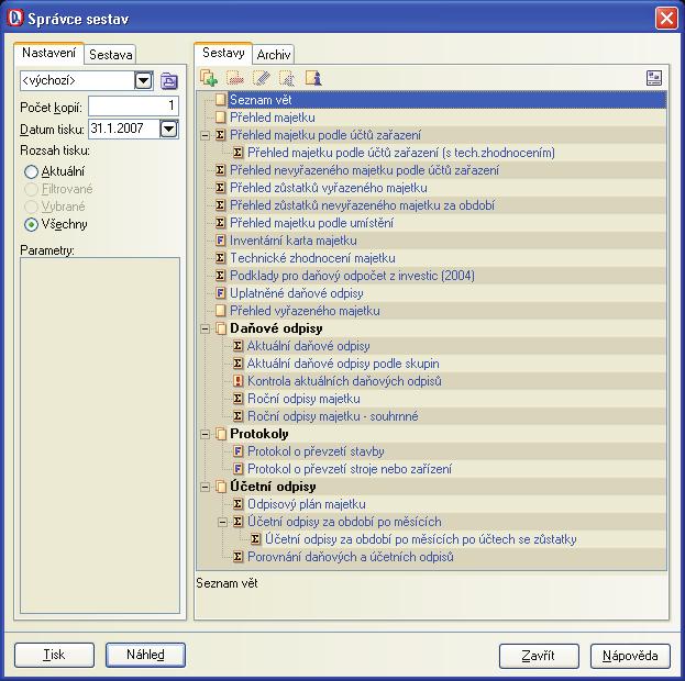 12 M A J E T E K Sestavy Ve Správci sestav je pøipraveno množství sestav, v nìkterých pøípadech také s možností zadání období (napøíklad Úèetní odpisy za období po mìsících nebo Pøehled zùstatkù