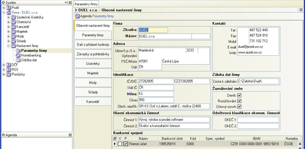 O B E C N É, È Í S E L N Í K Y A N A S T A V E N Í 25 Nastavení firmy Chování programu je ovlivnìno rùznými parametry, jejichž nastavení provedeme v agendì Parametry firmy.