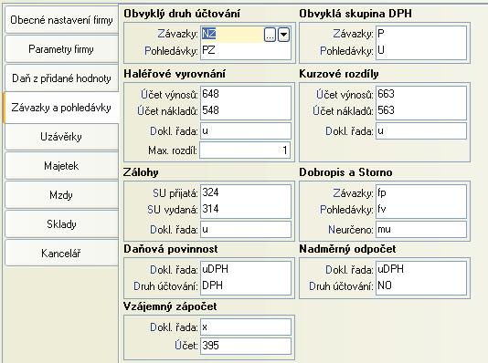 O B E C N É, È Í S E L N Í K Y A N A S T A V E N Í 27 V èásti Závazky a pohledávky nastavujeme nejèastìji používané druhy úètování s obvyklými skupinami DPH.