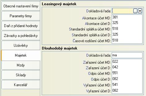 28 O B E C N É, È Í S E L N Í K Y A N A S T A V E N Í V èásti Majetek jsou parametry pro práci s agendami Leasingový a Dlouhodobý majetek.