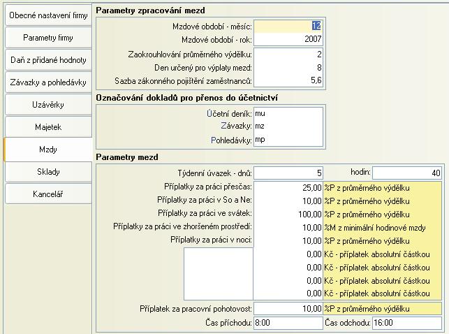 V èásti Mzdy nastavujeme Mzdové období mìsíc a rok (období je po provedení Uzávìrky mezd nastaveno automaticky na další mìsíc), dále Zaokrouhlování prùmìrného výdìlku, Den urèený pro výplatu mezd a