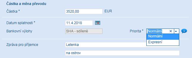 Jaký typ účtování bankovních výloh použít pro platbu? Úhrada do EU, při které nedochází ke konverzi měny (např. platba v EUR z účtu vedeného v EUR), musí být zaslaná s typem účtování výloh SHA.