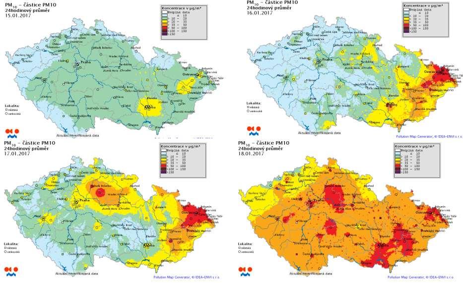 Obr. 8 - Pole průměrných 24hodinových koncentrací PM 10 na