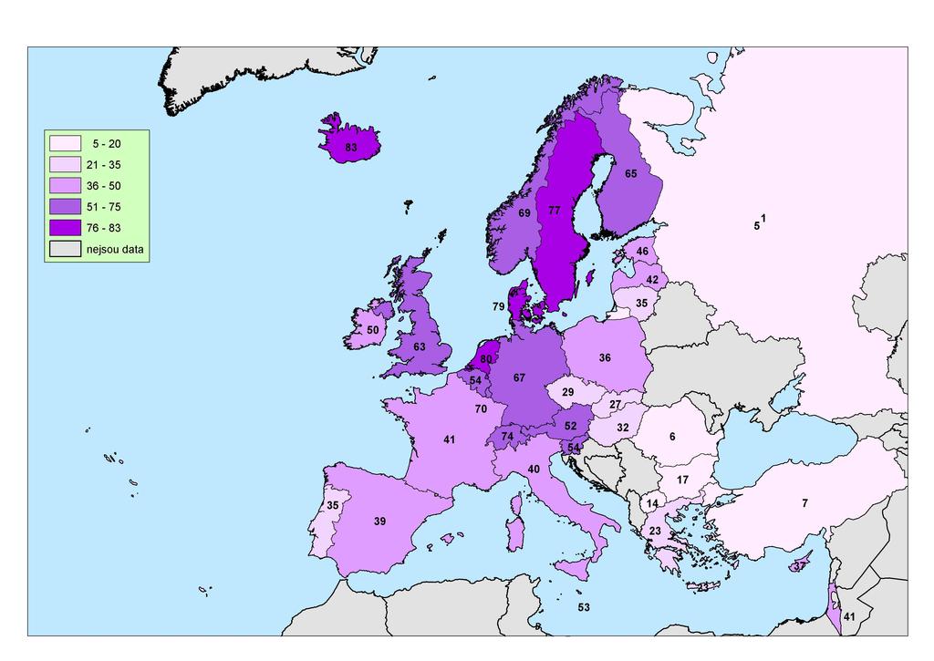 Domácnosti s připojením k internetu v r. 2006 1. Rozdíly mezi státy i) staré vs nové země EU 54,0 EU15 34,5 NMS10 ii) sever vs jih u zemí EU15 2.