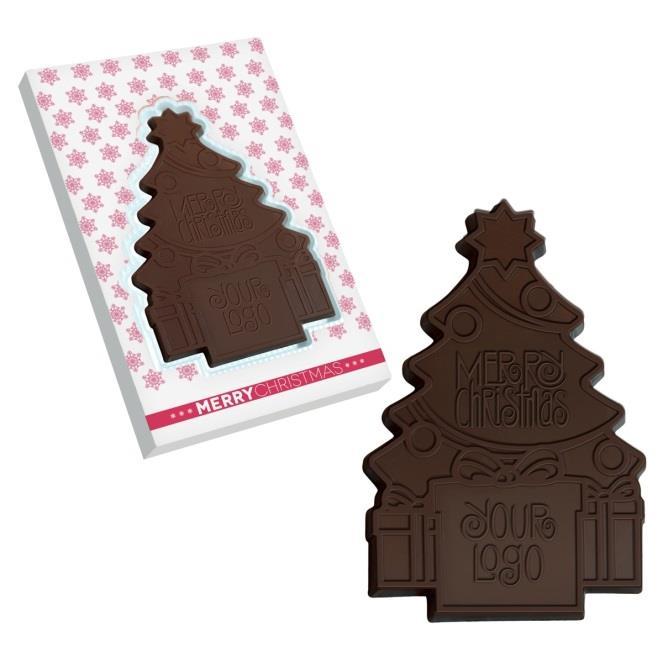 0314B Čokoládový stromček 65 g kvalitná belgická čokoláda mliečna, horká Potlač loga na obal s vlastným motívom, alebo na čokoládu rozmer: 175 x 107 x 15 mm Orientačná cena.
