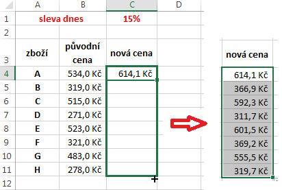 Obrázek 22: Tažením myši se vzorce rychle nakopírují Rozdíl mezi absolutní a relativní adresou Jestliže chcete využít ve vzorci koeficient (například výpočet procent, daně,