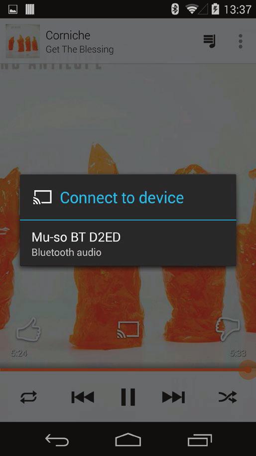 K připojení Mu-so k Bluetooth zařízení otevřete Bluetooth nastavení daného zařízení a ze seznamu dostupných zařízení vyberte Mu-so BT XXXX nebo Mu-so Qb BT XXXX.
