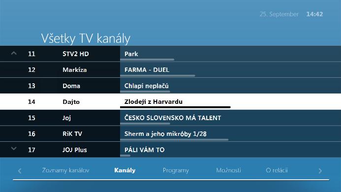 1 Kurzorové tlačidlo (šípka) vpravo. (dostupné funkcie) Kanály Do položky Kanály sa dostanete stlačením tlačidla šípky vpravo v živom vysielaní. Zobrazí sa zoznam všetkých TV kanálov.