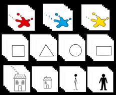 tvary: kolečko, čtverec, trojúhelník, obdélník (po 4 ks z každého tvaru) 4 kartičky pro rozlišení velikosti: velký, malý