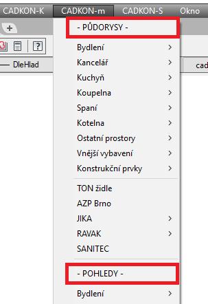 CADKON-m Možnost zobrazení palet nástrojů (toolpalety) s nabídkou půdorysných a pohledových bloků