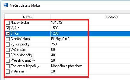 Výběr konkrétních položek načtených na základě výběru bloku ve výkresu.