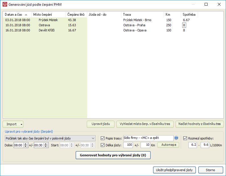 Knihu jízd můžete generovat dle seznamu tras společnosti nebo dle seznamu čerpání pohonných hmot.