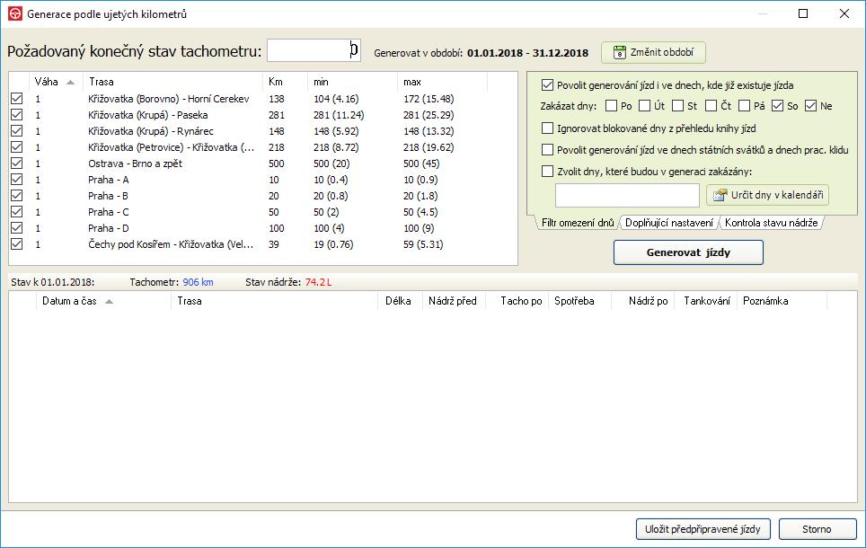 Generace dle ujetých kilometrů Pokud již máte vytvořené jízdy k dokladům o čerpání PHM je ještě nutné doplnit další jízdy, aby odpovídal stav kilometrovníku.