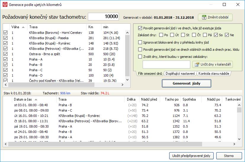 Pro generaci se použijí blokované dny vozidla, které byly již dříve zadány. V levé části okna je zobrazen seznam tras, který byl dříve připraven v číselníku tras.
