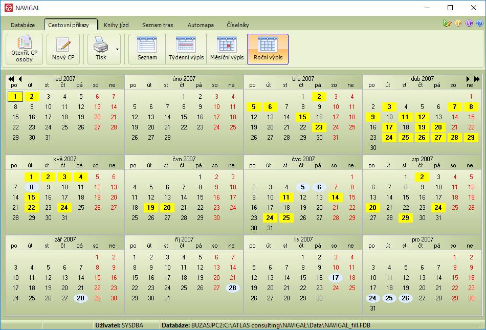 Roční výpis V okně Roční výpis si můžete zobrazit všechny cestovní příkazy v daném roce v grafickém a přehledné zobrazení. Žlutou barvou máte zvýrazněny, na které dny byly cestovní příkazy vystaveny.