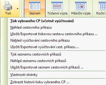 Po vyúčtování již stačí pouze vybrat řádek nebo kolonku s cestovním příkazem a stisknout tlačítko Tisk v menu