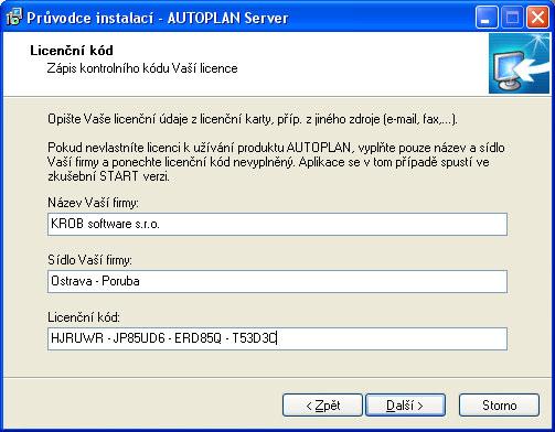 Instalace aplikace AUTOPLAN 1. Po úvodním okně a licenčním ujednání se zobrazí panel pro zadání licenčního kódu. Opište pečlivě Vaše licenční údaje z licenční karty.