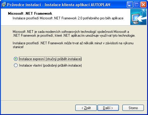 1. Nejprve proběhne instalace prostředí pro běh aplikace. AUTOPLAN je.net aplikací, a proto vyžaduje nainstalované prostředí Microsoft.NET Framework 2.0.