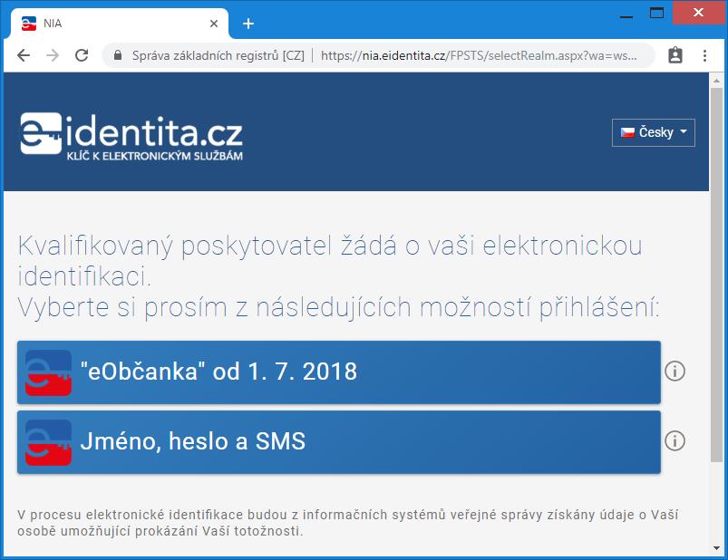 Obrázek 2: Okno pro výběr prostředku pro elektronickou identifikaci Tento odkaz uživatele přesměruje na stránku pro identifikaci občanským průkazem. 5.