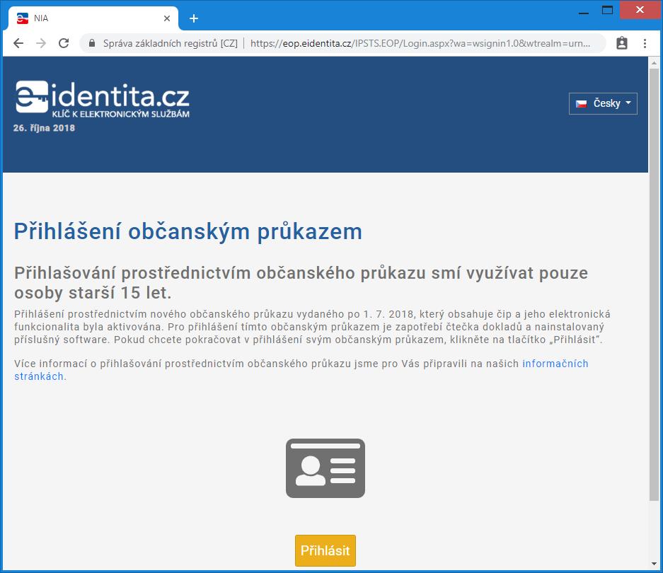 Obrázek 3: Webová stránka pro přihlášení občanským průkazem Poznámka: Některé prohlížeče mohou zobrazovat upozornění, že se webová stránka pokouší spustit aplikaci eobčanka - identifikace.