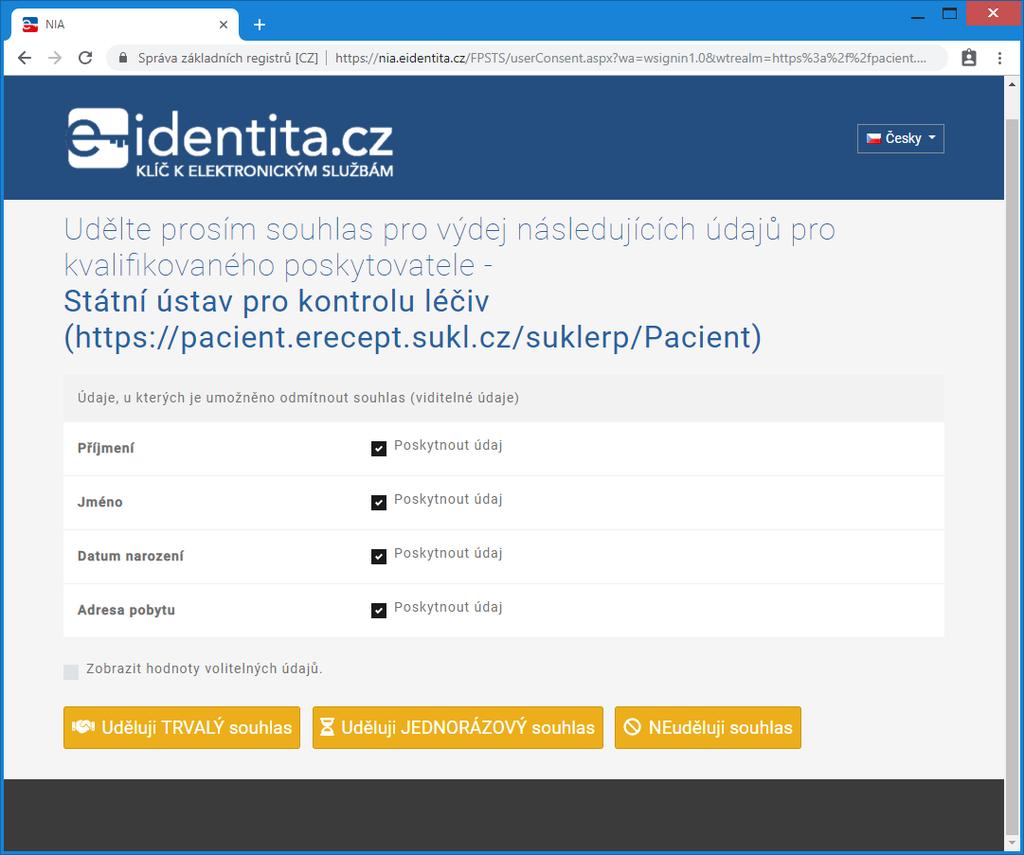 Obrázek 12: Stránka pro udělení souhlasu s předáním osobních údajů Dotazuje se uživatele, zda souhlasí s předáním osobních údajů službě, do které se uživatel přihlašuje.