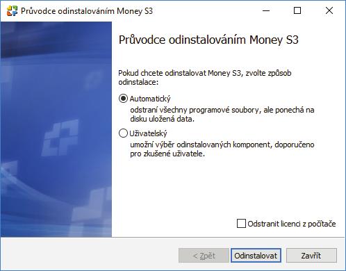 O M S3 Ve Windows v menu Ovládací panely / Programy a funkce najedete kurzorem na Ekonomický systém Money S3 a zvolíte tlačítko Odinstalovat. Spustí se Průvodce odinstalováním Money S3.