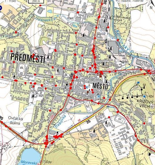 Obrázek 11: Dopravní nehody v Moravské Třebové podle typu srážka s jedoucím vozidlem Zdroj: maps.jdvm.