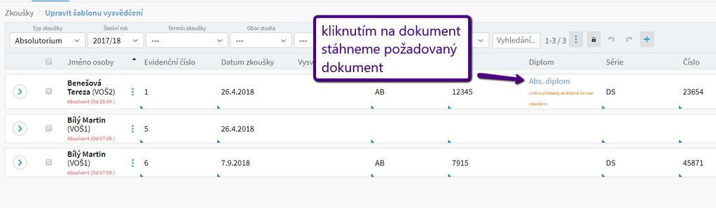 v případě generování po opravě zvolíme Přepsat dříve generované soubory. Po vygenerování vidíme v řádku studenta vygenerované dokumenty.