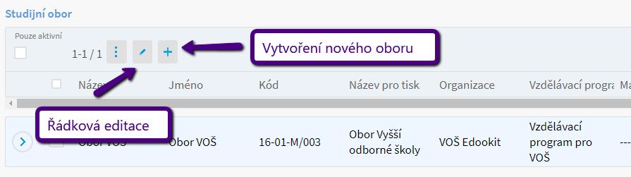 1B. Studijní obor - Menu : Zkoušky > Nastavení > Studijní obor Na gridu je přehled všech zavedených oborů v Edookitu.