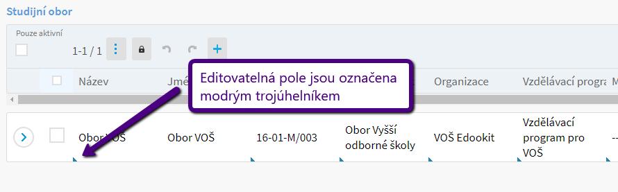 Opět můžeme obory dle předchozího obrázku editovat 2 způsoby: 1) v tabulce přes symbol tužky 2) přes detail vybraného oboru