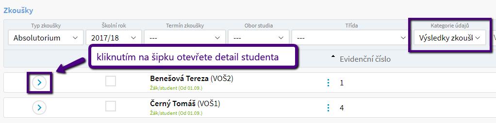 V detailu studenta se snadno přepneme na jiného