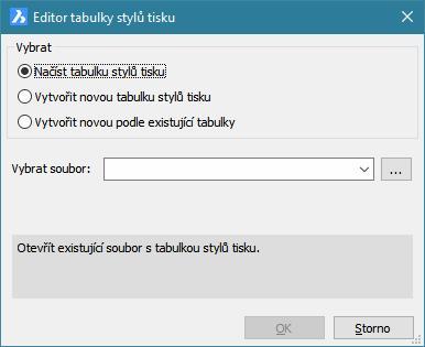 Obsah okna se mění podle způsobu, jakým chcete tabulku založit. Načíst tabulku stylů tisku Vytvořit novou tabulku stylů tisku Volba umožňuje načíst tabulku z jakéhokoli místa na pevném disku.