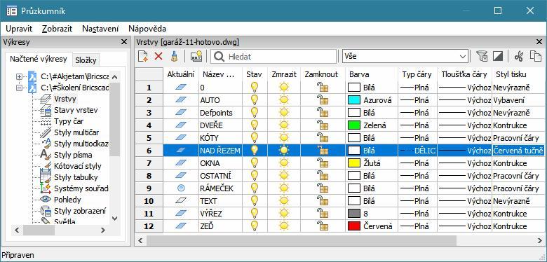 BricsCAD > Tabulky stylů tisku CTB a STB Je-li k výkresu připojena tabulka STB, v průzkumníkovi vrstev je aktivován sloupec s názvy přiřazených stylů.