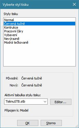 tisku: V dialogovém okně můžete přiřadit vrstvě jiný styl tisku, můžete také tlačítkem Editor nejprve otevřít dialogové okno Editor tabulky stylu tisku a v něm styl tisku upravit nebo založit nový.