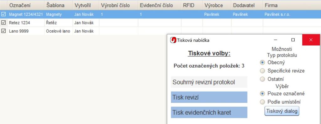 Tisk evidenčních karet a revizních protokolů Zatržené prostředky v seznamu prostředků si lze vytisknout, stiskněte tlačítko Tisk v panelu tlačítek. Objeví se Vám následující formulář.