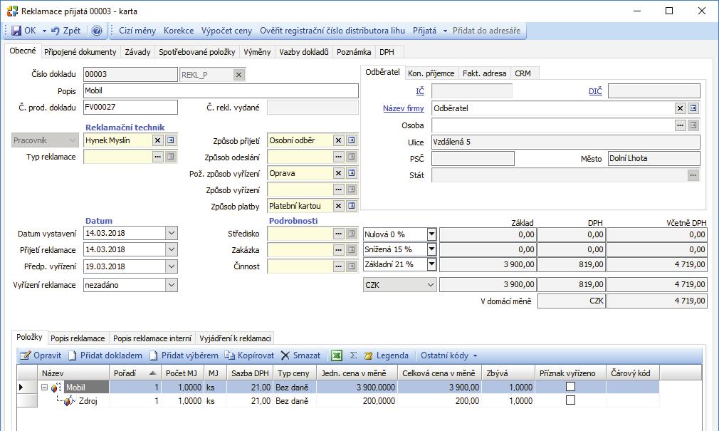 přijatá Pro seznam Reklamací přijatých je v menu Workflow / Scénáře procesů připravený scénář RP přijatá. Obsahuje čtyři stavy: Přijatá, Rozpracovaná, Čekání na expedici a Uzavřená.