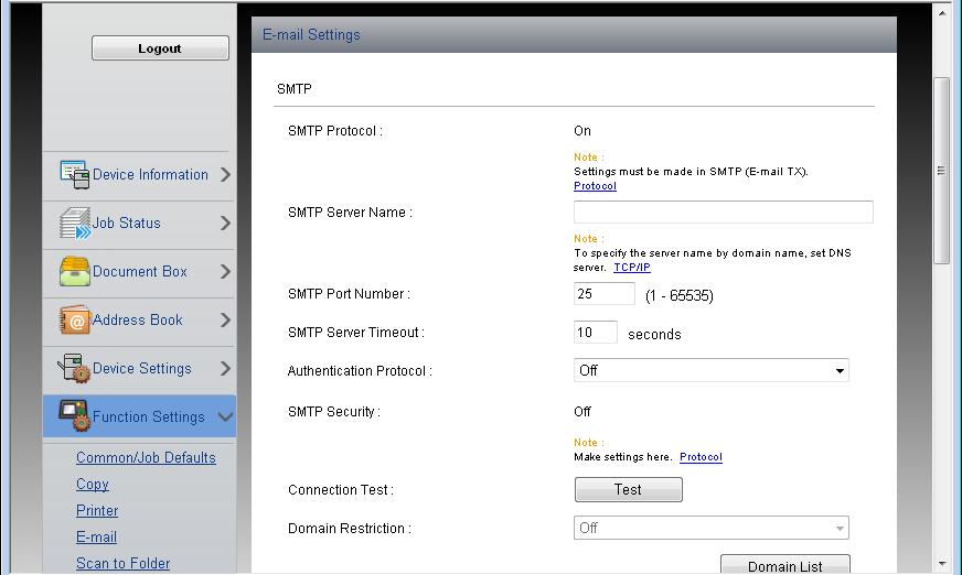 V nabídce Send Protocols nastavte SMTP (E-mail TX) na [On].