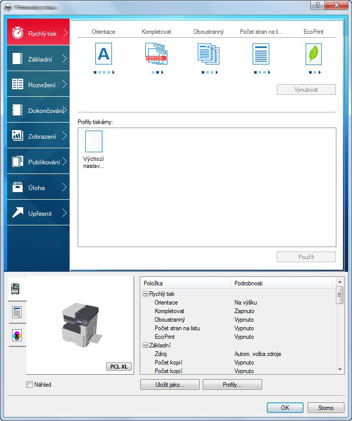 Ovládání z PC > Obrazovka nastavení tisku přes ovladač tiskárny Obrazovka nastavení tisku přes ovladač tiskárny Obrazovka nastavení tisku ovladačů tiskárny umožňuje konfiguraci řady nastavení