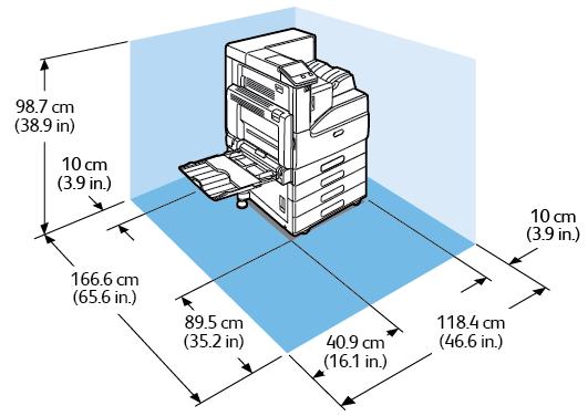 Technické údaje Nároky na prostor u konfigurace s modulem s jedním zásobníkem s podstavcem Šířka: 111,5 cm (43,9 palce) Hloubka: 166,6 cm (65,6 palce) Výška: 98,7 cm (38,9 palce) Nároky na prostor