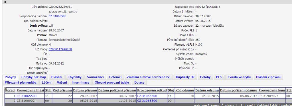 náhradu. Po otevření detailu bylo zjištěno, že zvíře bylo vyřazeno 5.8.2015.