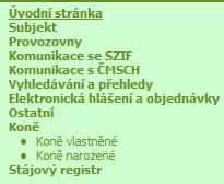 8. Koně V hlavní nabídce je položka Koně, ve které jsou volby funkcionalit vztahující se k evidenci koní v IZR. Popis je blíže specifikován v samostatném dokumentu Příručka pro chovatele koní.