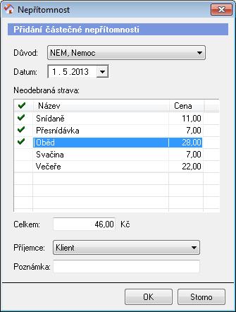 2. Částečná nepřítomnost se vytváří, když klient neodebral některý druh jídla. Nepřítomnost tohoto typu lze zadat pouze na jeden den. Zatrhněte v seznamu ta jídla, která klient neodebral.