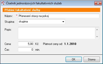 Nejdřív musíte naplnit číselník služeb, ve kterém stanovíte služby a jejich ceny. 6.1 Jak nastavit číselník fakultativních služeb? Číselník fakultativních služeb najdete v sekci Číselníky. (Kde?